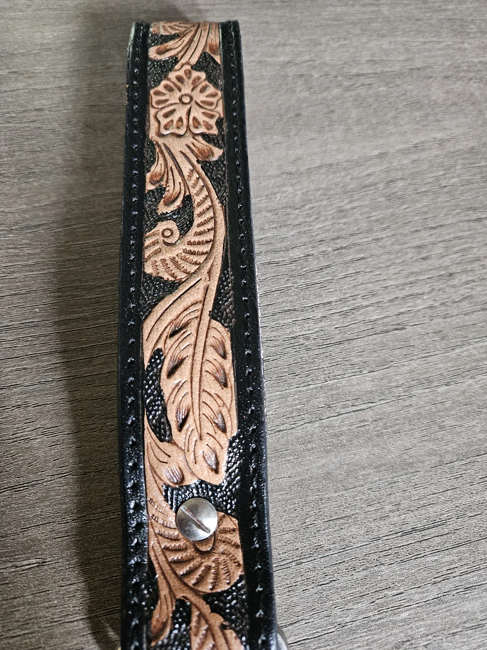 Handtooled Floral Genuine Leather Tan & Black Key Fob Turquoise Concho -NWOT